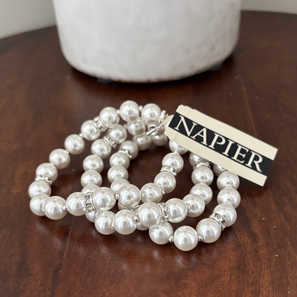 Napier Triple Row, white beads w/silver rhinestone studded bobble stretch